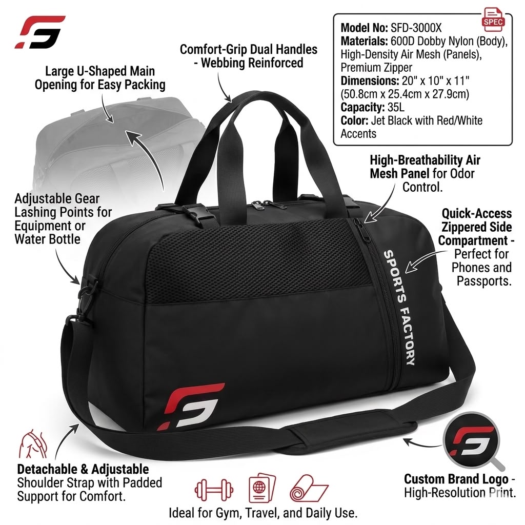 Sports Factory 3-in-1 Hybrid Duffel Bag & Backpack | Large Capacity Gym, Travel & Sports Bag | Convertible Carry-On Luggage | Water-Resistant Training Bag - image 2