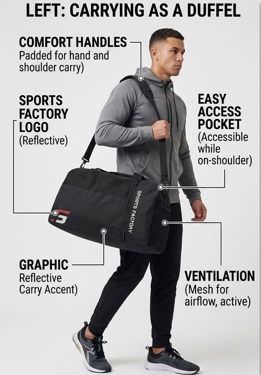 Sports Factory 3-in-1 Hybrid Duffel Bag & Backpack | Large Capacity Gym, Travel & Sports Bag | Convertible Carry-On Luggage | Water-Resistant Training Bag - image 3