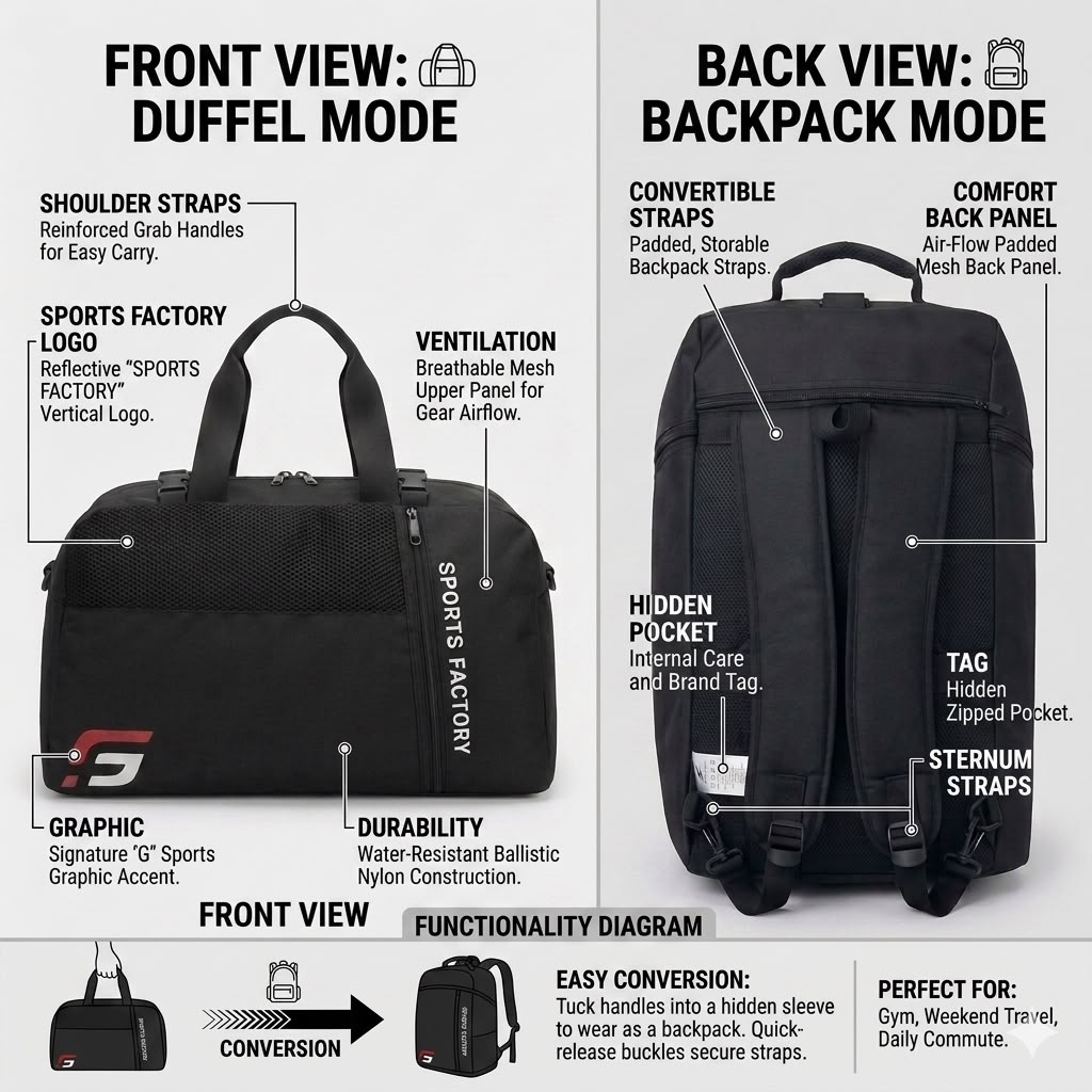 Sports Factory 3-in-1 Hybrid Duffel Bag & Backpack | Large Capacity Gym, Travel & Sports Bag | Convertible Carry-On Luggage | Water-Resistant Training Bag - image 4