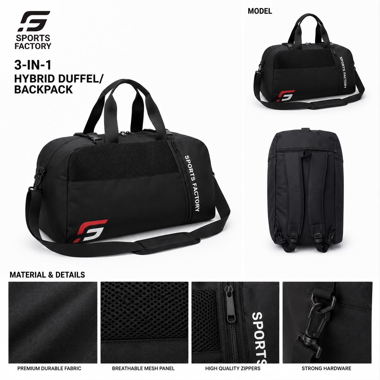 Sports Factory 3-in-1 Hybrid Duffel Bag & Backpack | Large Capacity Gym, Travel & Sports Bag | Convertible Carry-On Luggage | Water-Resistant Training Bag
